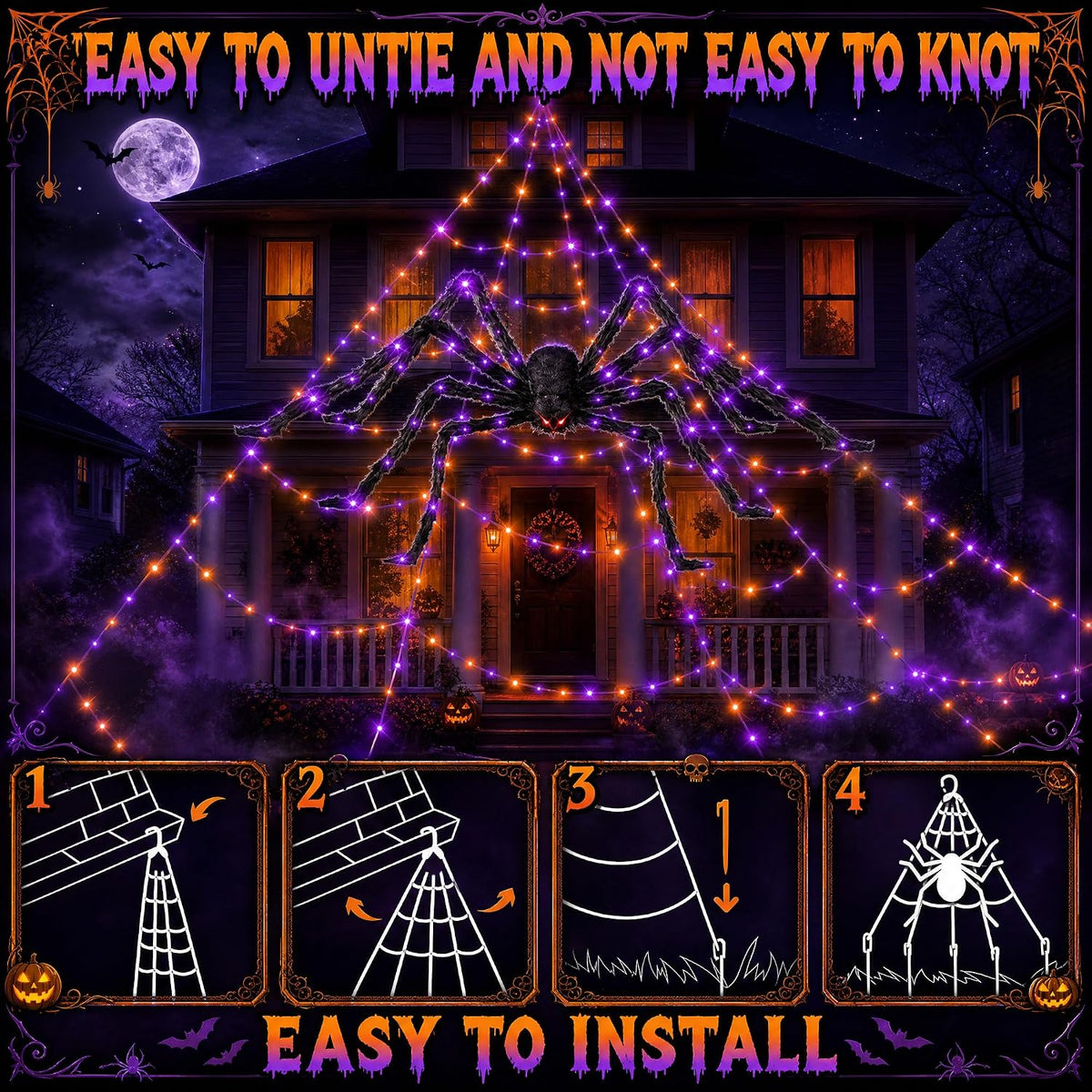 Halloween Decorations Outdoor Spider Web Lights - 550 LEDs Purple and Orange ...