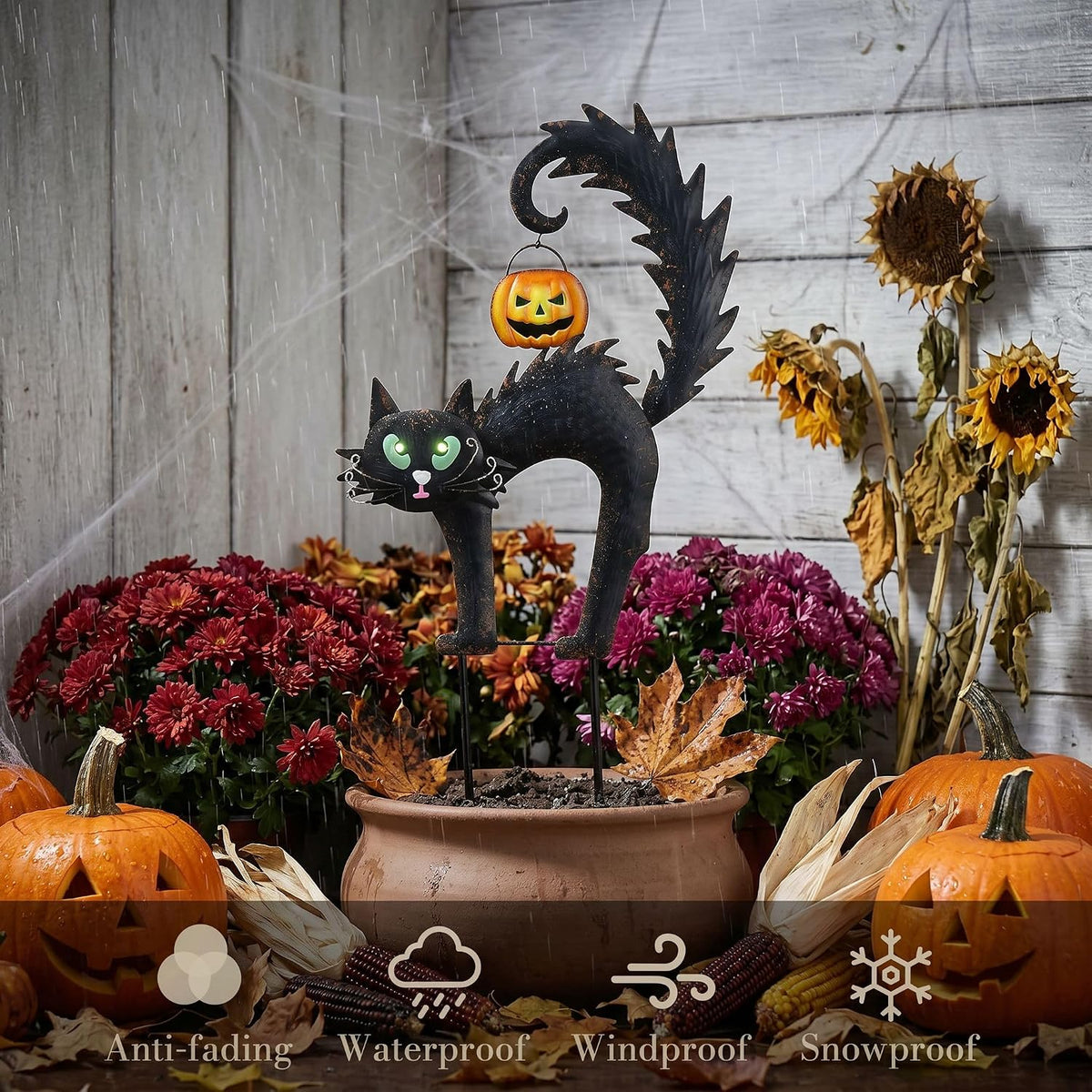 TERESA'S COLLECTIONS Outdoor Halloween Decor Black Cat Solar Garden Stake