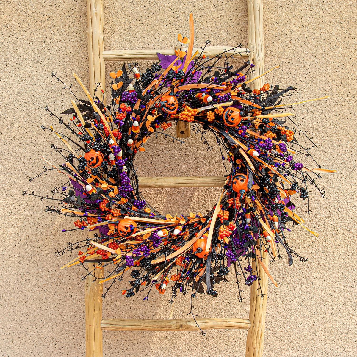 J'FLORU Black Halloween Wreath 22 Inch Artificial Halloween Wreaths for F...