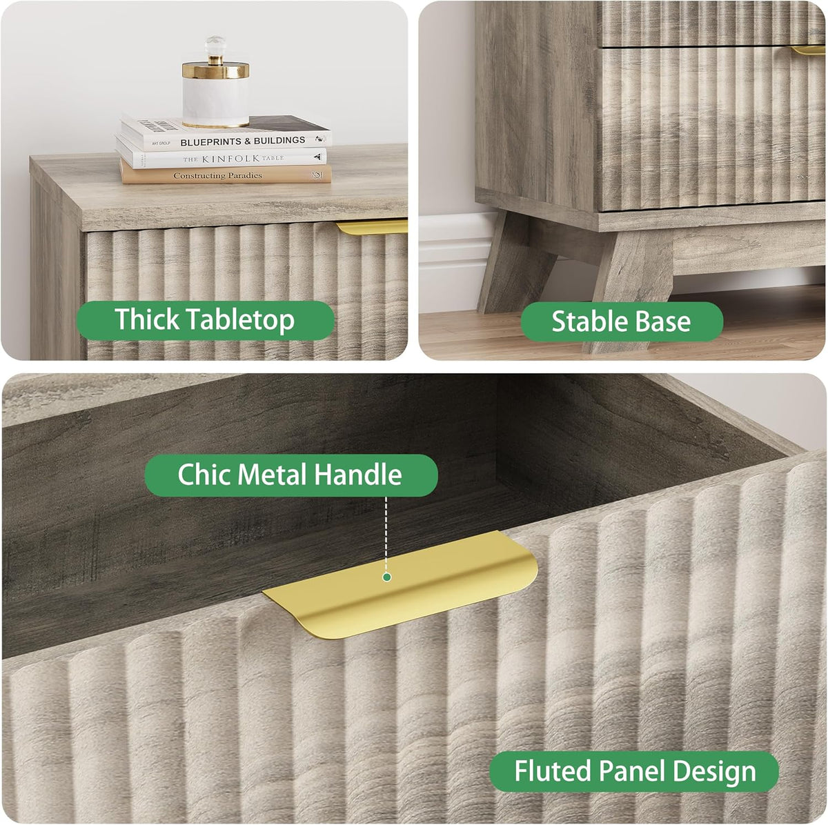 Xixini Fluted Dresser for Bedroom with 3 Drawers, 24" Wide Modern Chest ...
