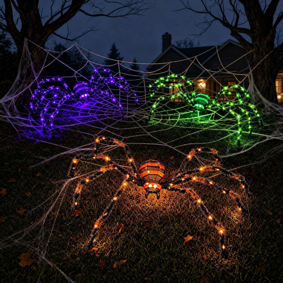 3 Pack Halloween Giant Spiders,4.1Ft Lighted Spider with 8 Lighting Modes