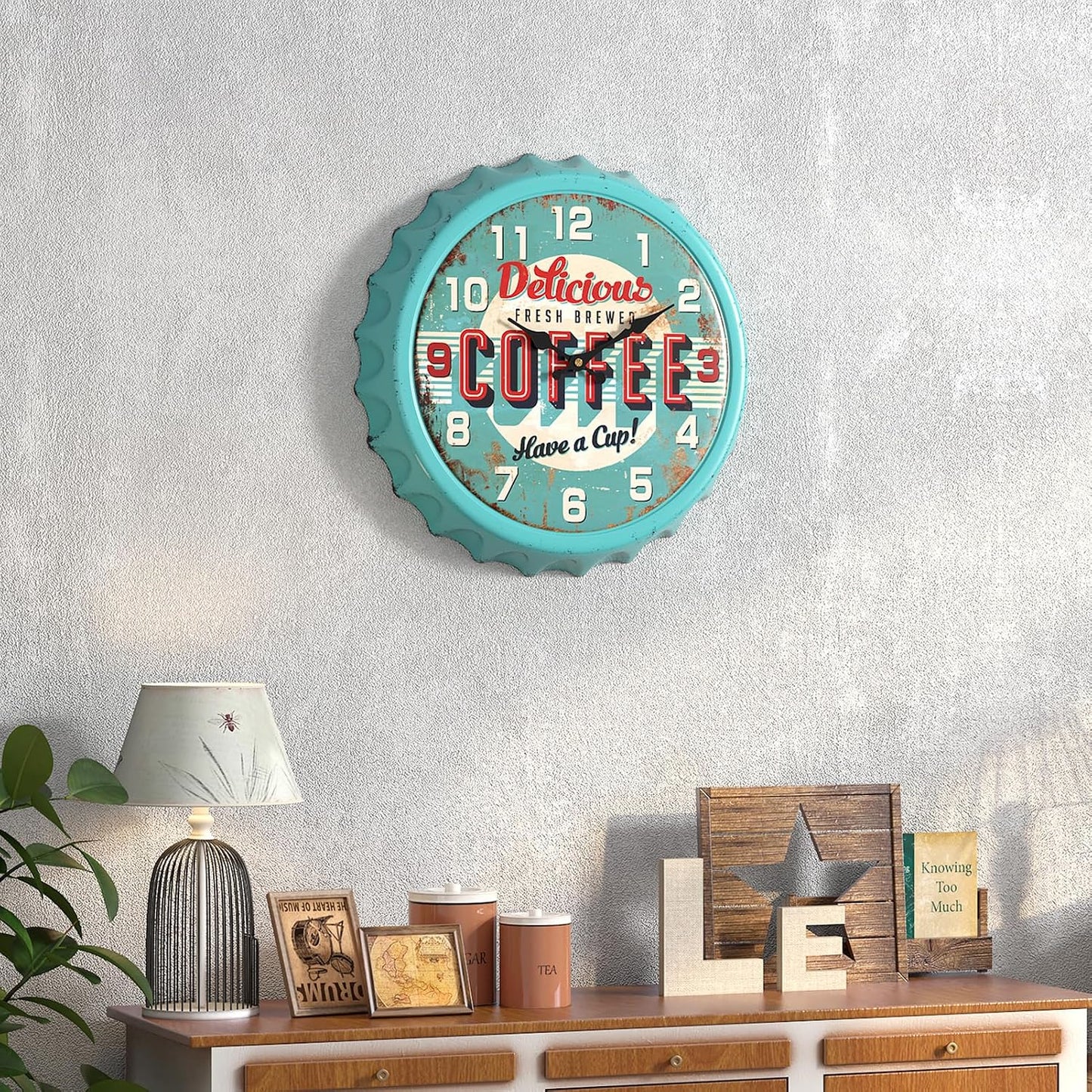 Menterry Bottle Cap Design Iron Retro Wall Clock,13" Blue Vintage Style | Silent Non-Ticking Battery Operated Creative Antique Decor Wall Clocks for Cafes,Farmhouse,Office,Kitchen