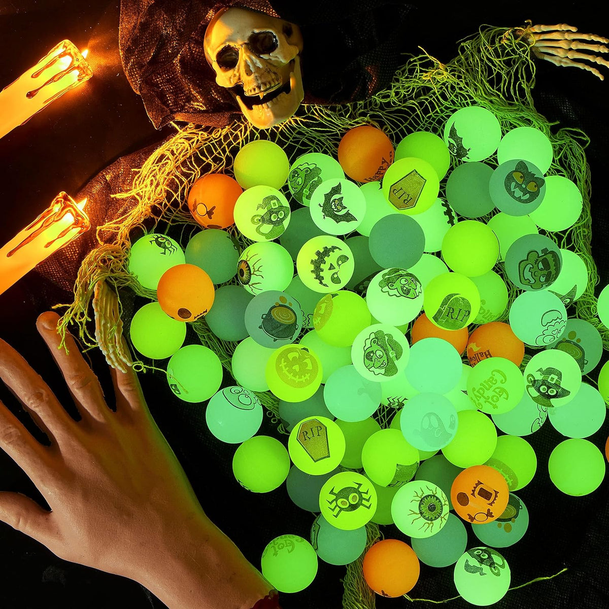 JOYIN 100 PCS Halloween Glow in The Dark Bouncing Balls, 20 Designs Halloween...