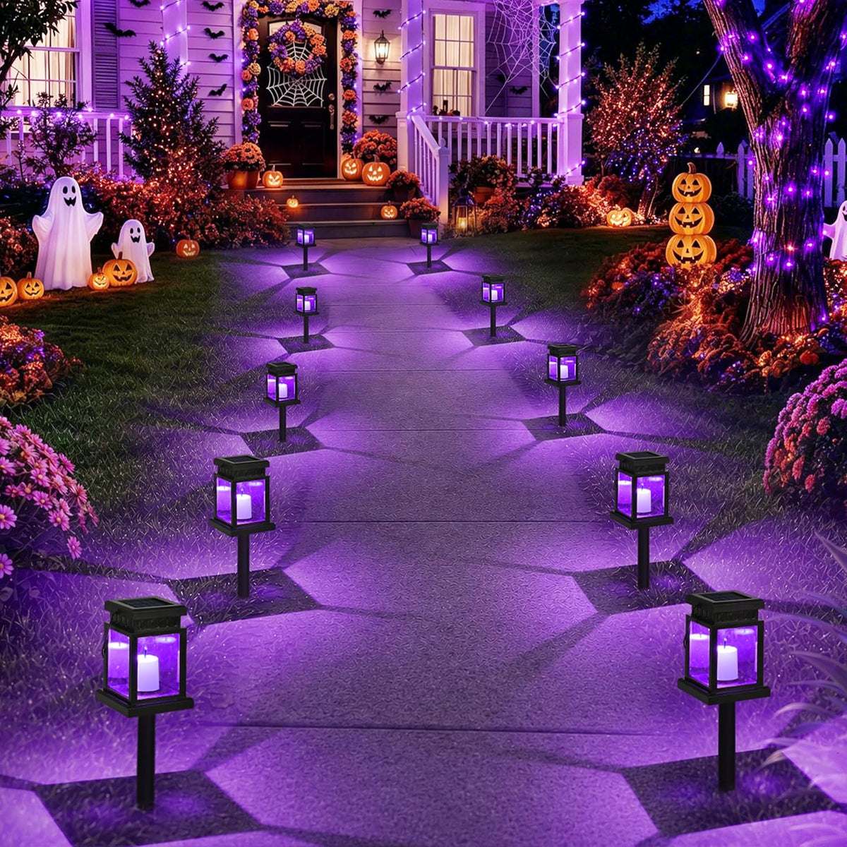 GIGALUMI 8 Pack Solar Halloween Lanterns Outdoor, Candle Lights with Stakes
