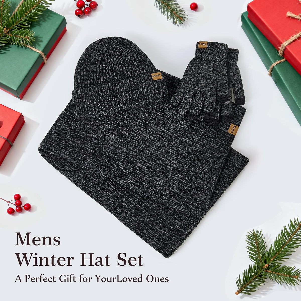 Mens Winter Beanie Hat Touchscreen Gloves Long Scarf 3 Set with Warm Fleece L...