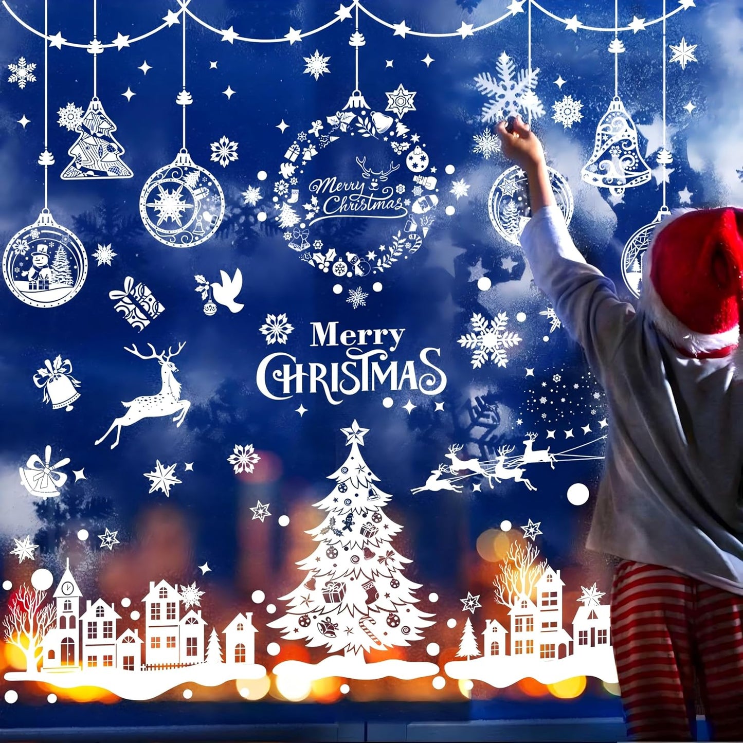 AhfuLife Christmas Window Clings, 244 PCS Reusable Christmas Window Stickers for Glass, 9 Sheets Double Sided Snowflake Xmas Trees Garland Stickers for Xmas Party