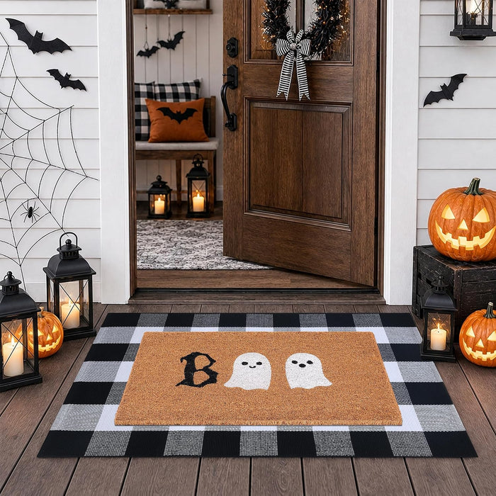 Halloween Door Mat Combo Set, Boo Ghost Coco Coir Welcome Doormat + 28" x 43" Black and White Plaid Rug, Autumn Halloween Front Porch Entryway Decor Floor Mat