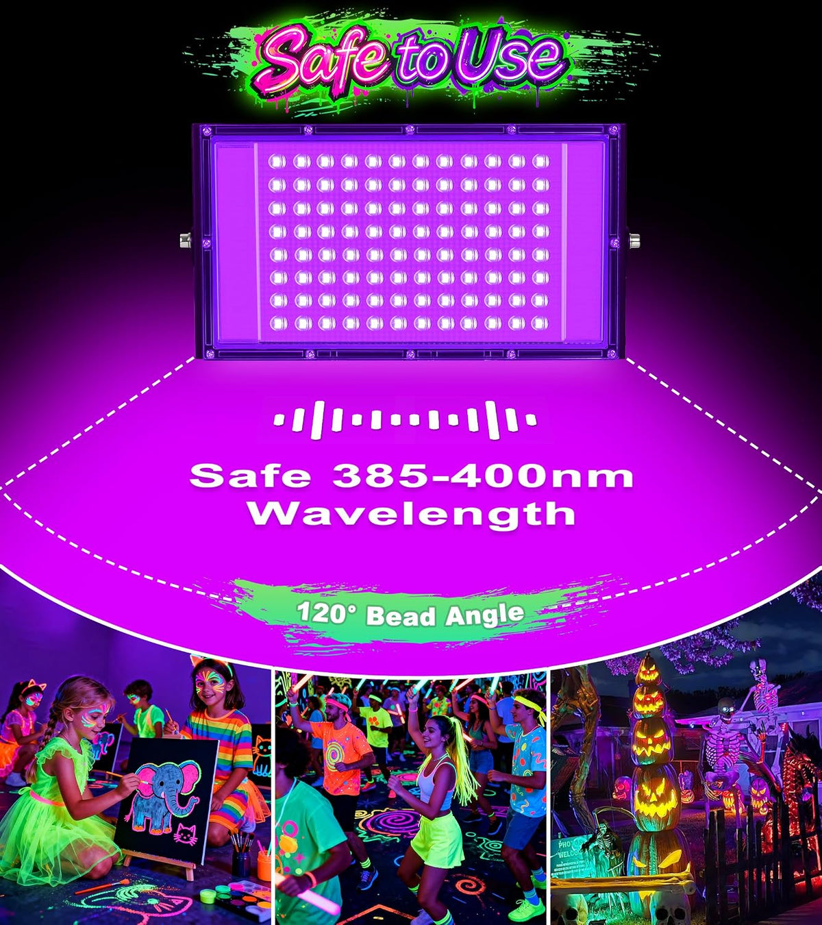 TigQiang 100W 4 Pack Black Light, Glow Party Supplies, Blacklight Halloween