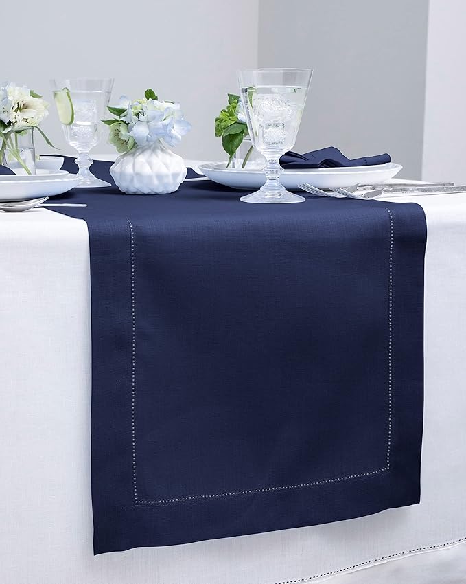Solino Home Linen Navy Blue Table Runner 60 Inches - Classic Hemstitch, 100% ...