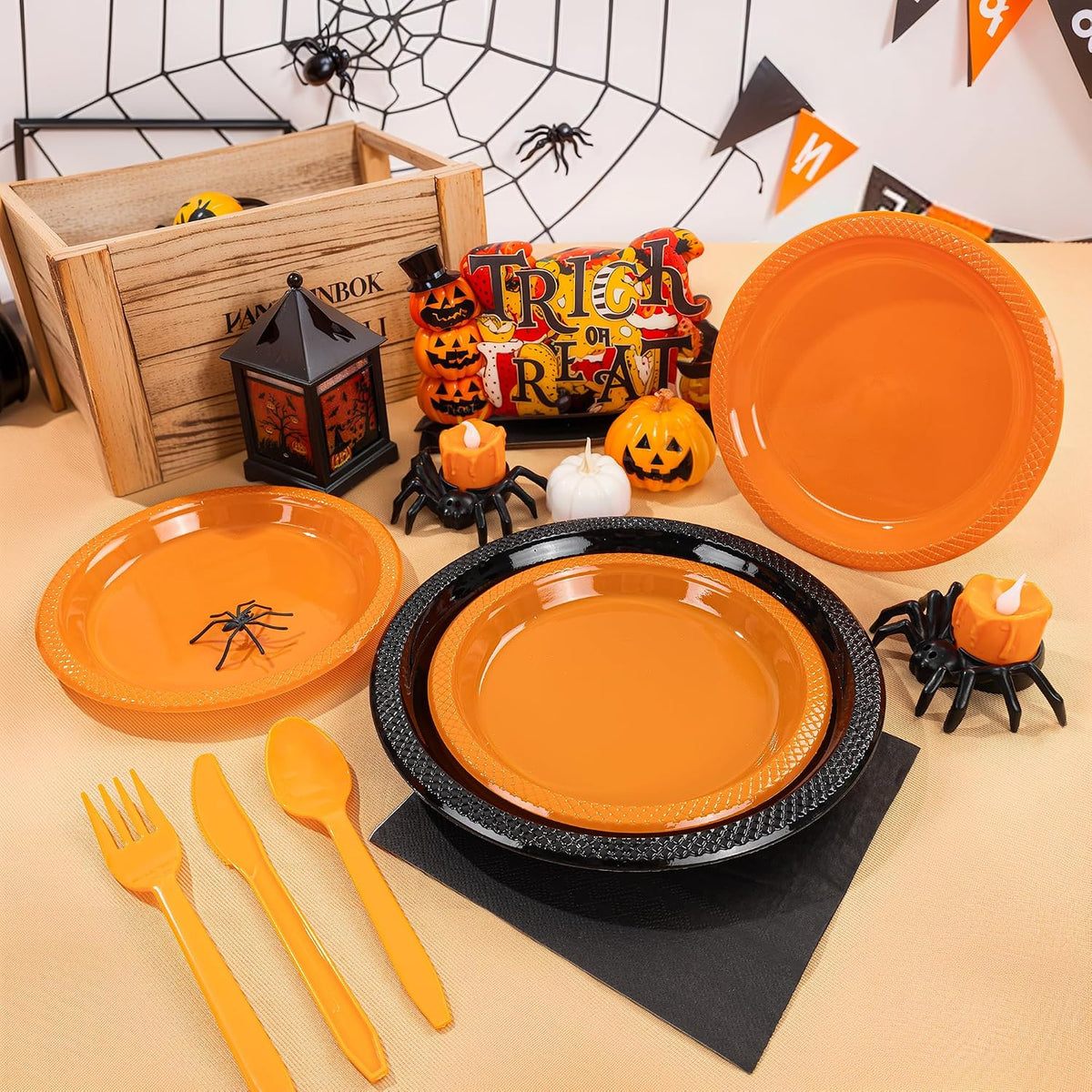 LUODA MirthMood 350PCS black and orange Plastic Plates,Black Disposable Plate...