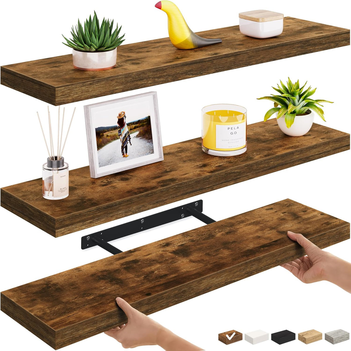 Ballucci Floating Shelves, 36" Long Wall Shelf, Set of 3, Wood Floating ...