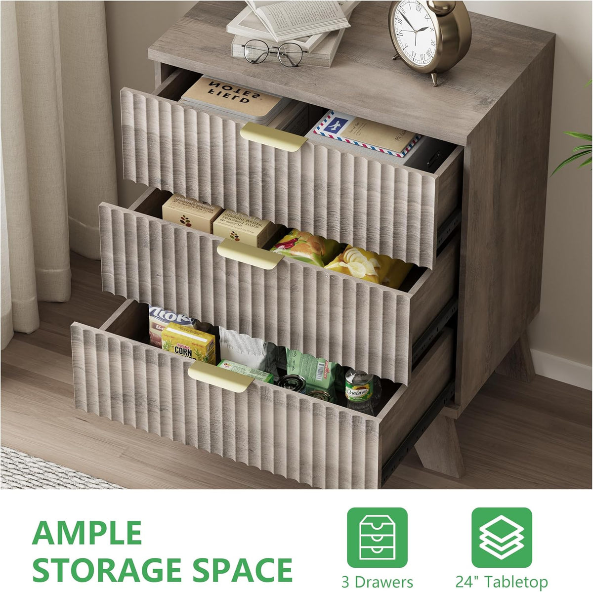 Xixini Fluted Dresser for Bedroom with 3 Drawers, 24" Wide Modern Chest ...