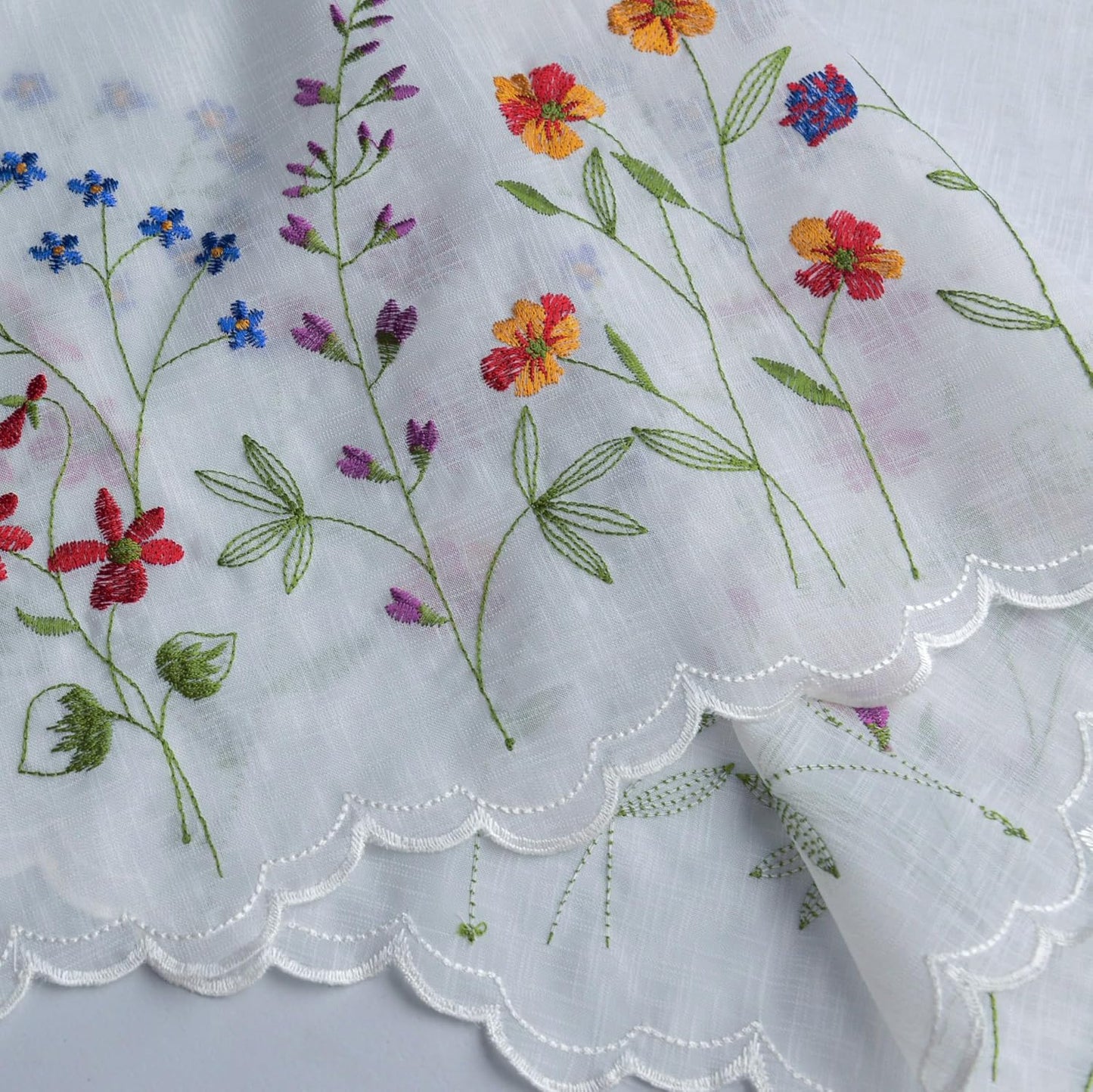 027 2 Pack Floral Embroidery Pastoral Style Valance, White Sheer Flowers Valances,Window Treatment for Kitchen,W60XL18 inch (Wild Flower)