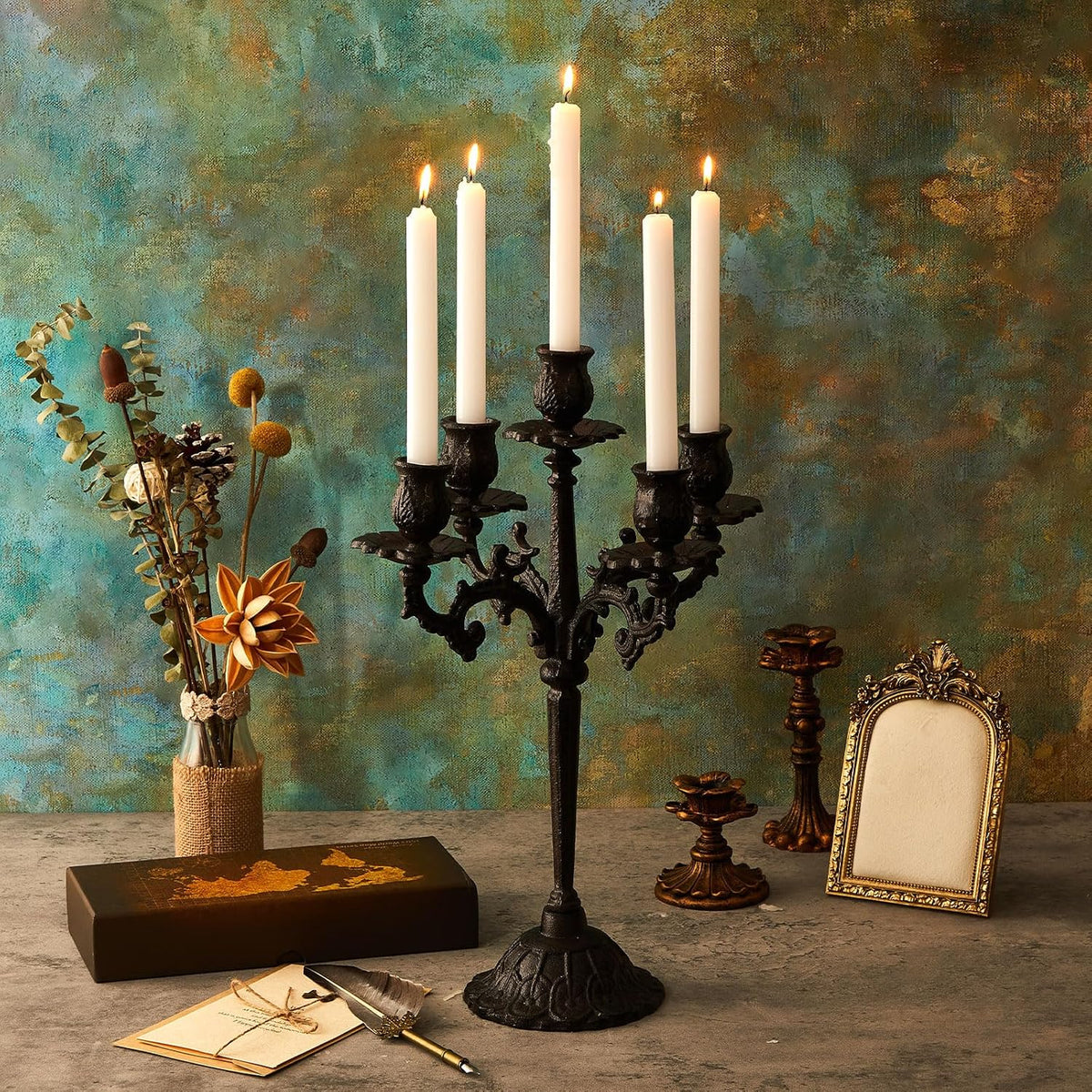 Mumufy 2 Pcs 5 Arm Black Halloween Candelabra 16.7" Tall Cast Iron Vintage