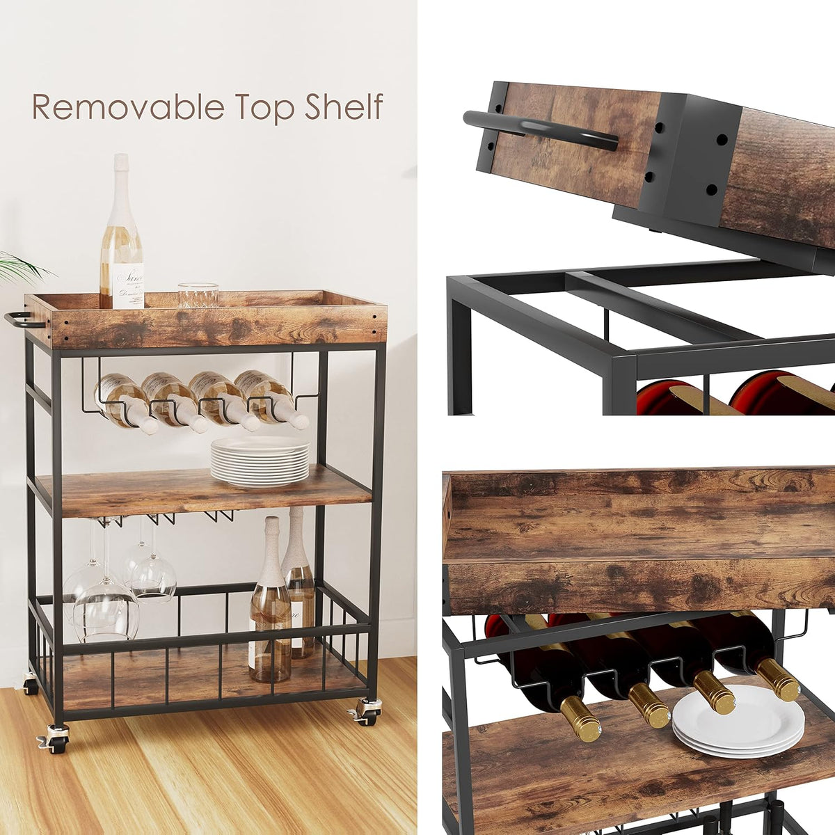 Bar Cart Serving Wine 3 Tier Home Rolling Rack with Wheels Mobile Kitchen Ind...