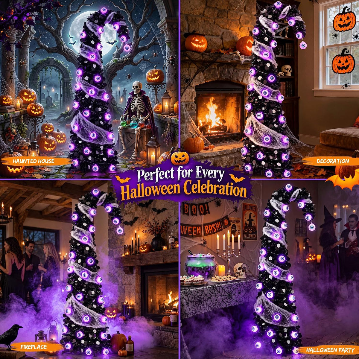 5FT Pop Up Halloween Tree with 35 Purple Eyeball Lights & Spider Web