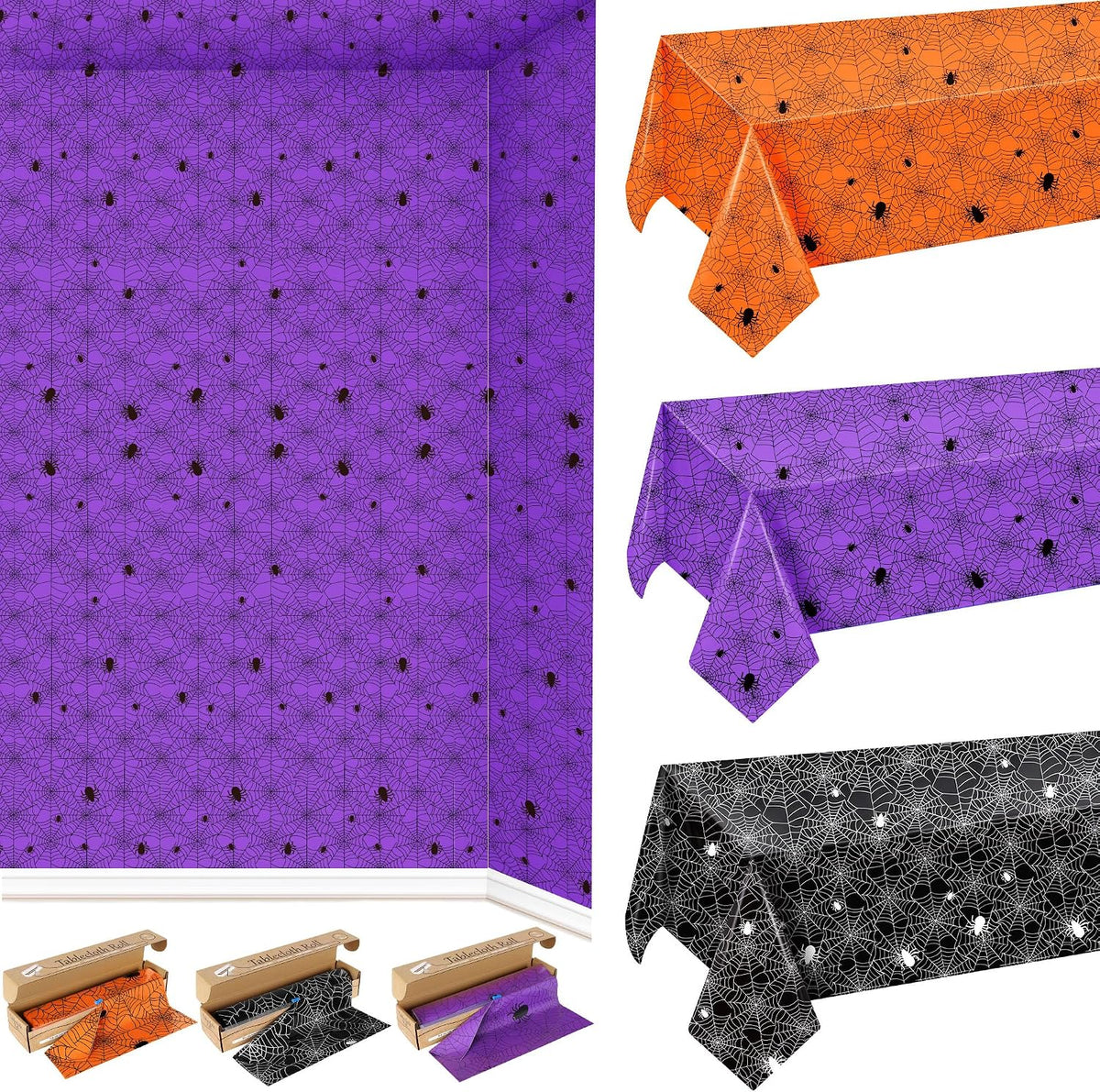 3 Rolls 100FT x 54IN Halloween Spiderweb Plastic Tablecloth with Cutter Box