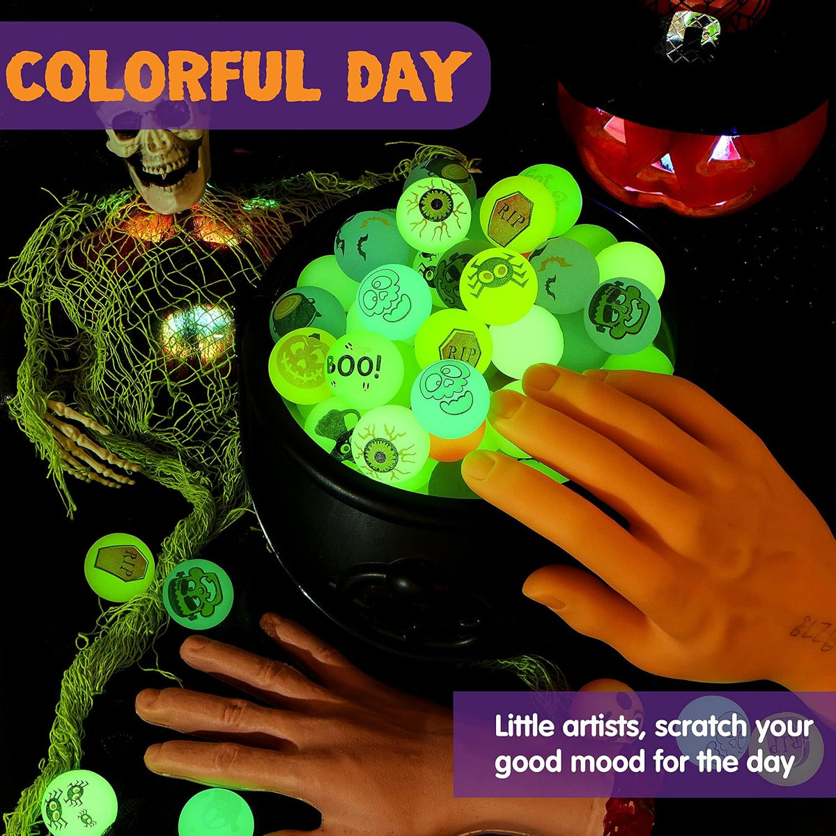 JOYIN 100 PCS Halloween Glow in The Dark Bouncing Balls, 20 Designs Halloween...