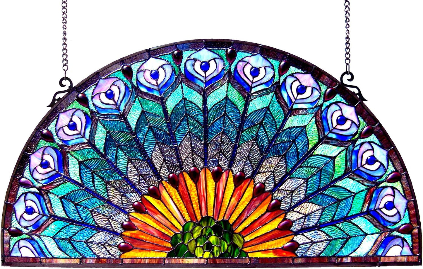 CHLOE Regal Eudora Tiffany-style Peacock Feather Glass Window Panel 35x18