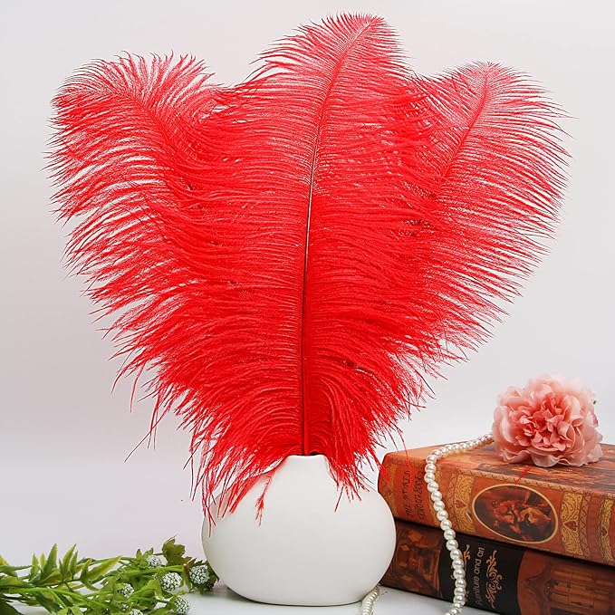 THARAHT Red Ostrich Feathers 12pcs Large Natural Bulk 16-18Inch 40cm-45cm for...