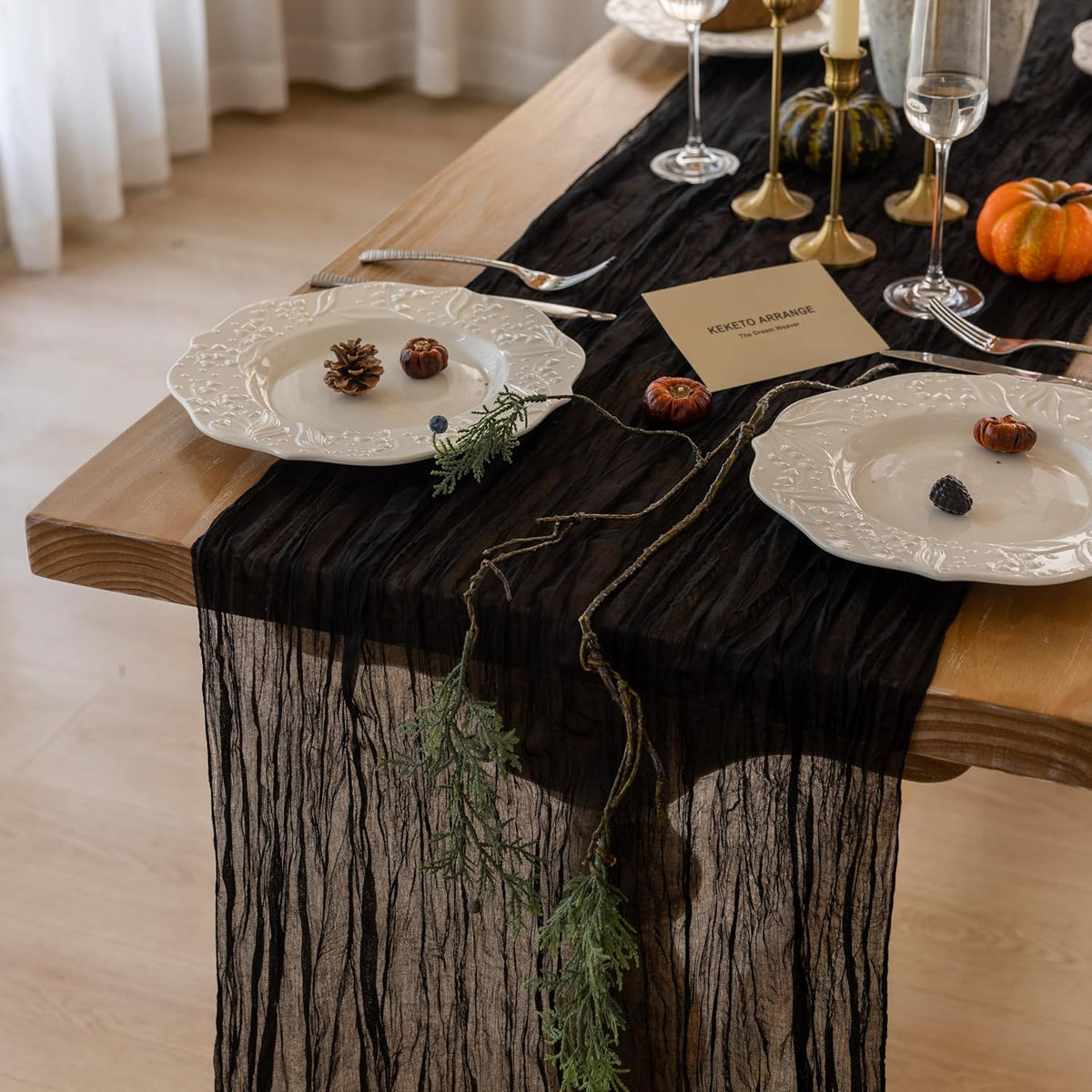 6Pcs Halloween Holiday Black Cheesecloth Table Runner 120 Inch for Decor