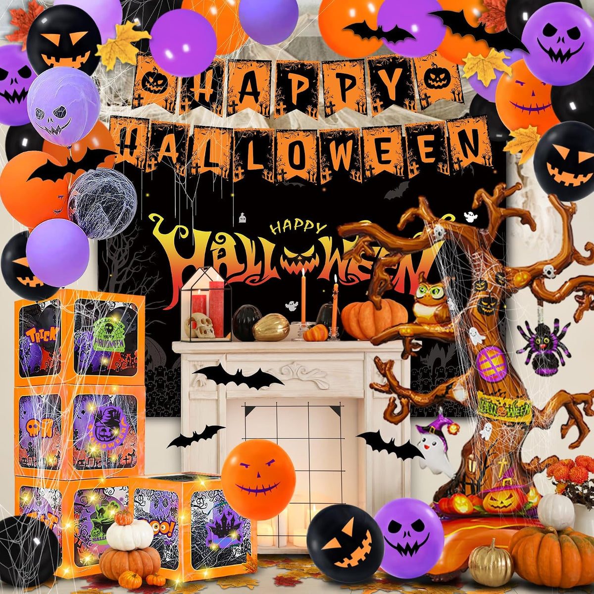 157 Pcs Halloween Party Decorations Kit, 43" Giant Tree Balloon, 4 Ballo...