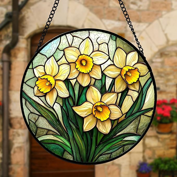 DASTOLL Stained Glass Window Hanging, Daffodil Plant Flowers Sun Catchers - Image 5