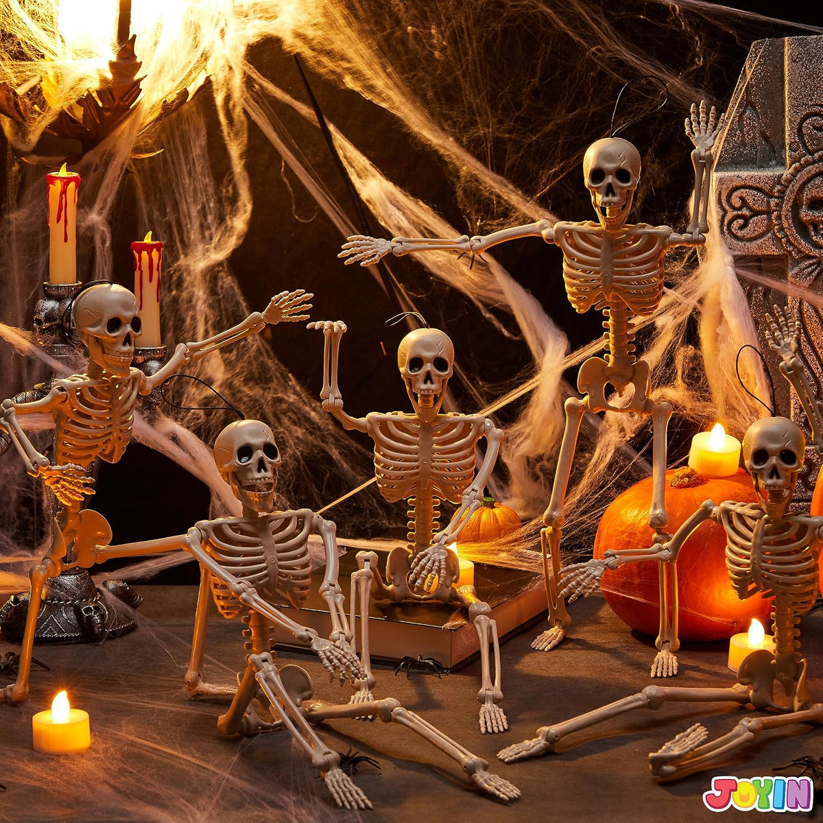 JOYIN 5 PCS Posable Halloween Skeleton Decor 16 Inches, Full Body Posable Joi...