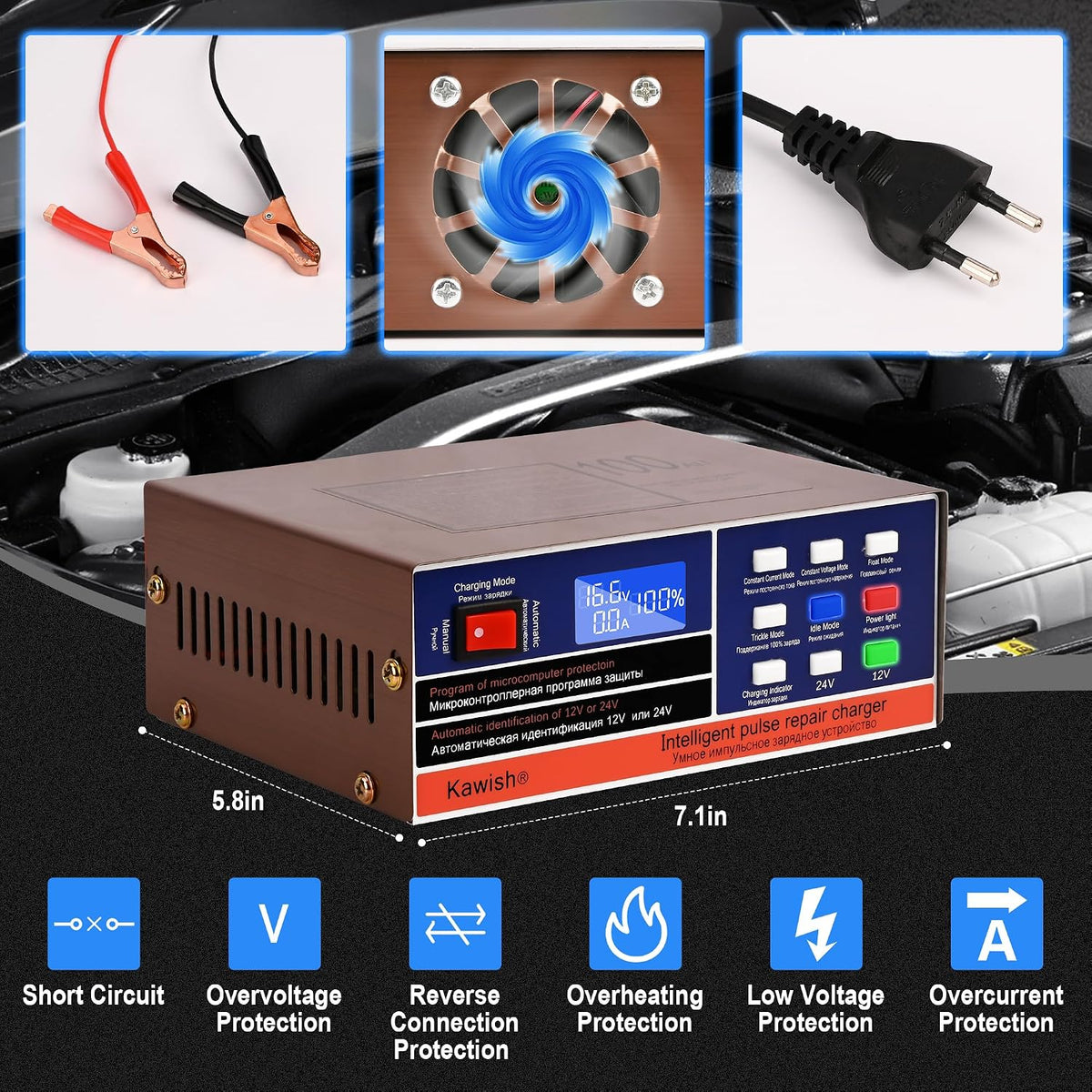 Full Automatic Car Battery Charger 12V/10A | 24V/7.5A Intelligent Pulse Repai...