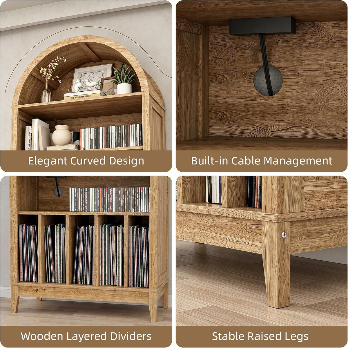 Large Record Player Stand Holds 350+ Albums, 5 Tier Arched Bookshelf Vinyl Re...