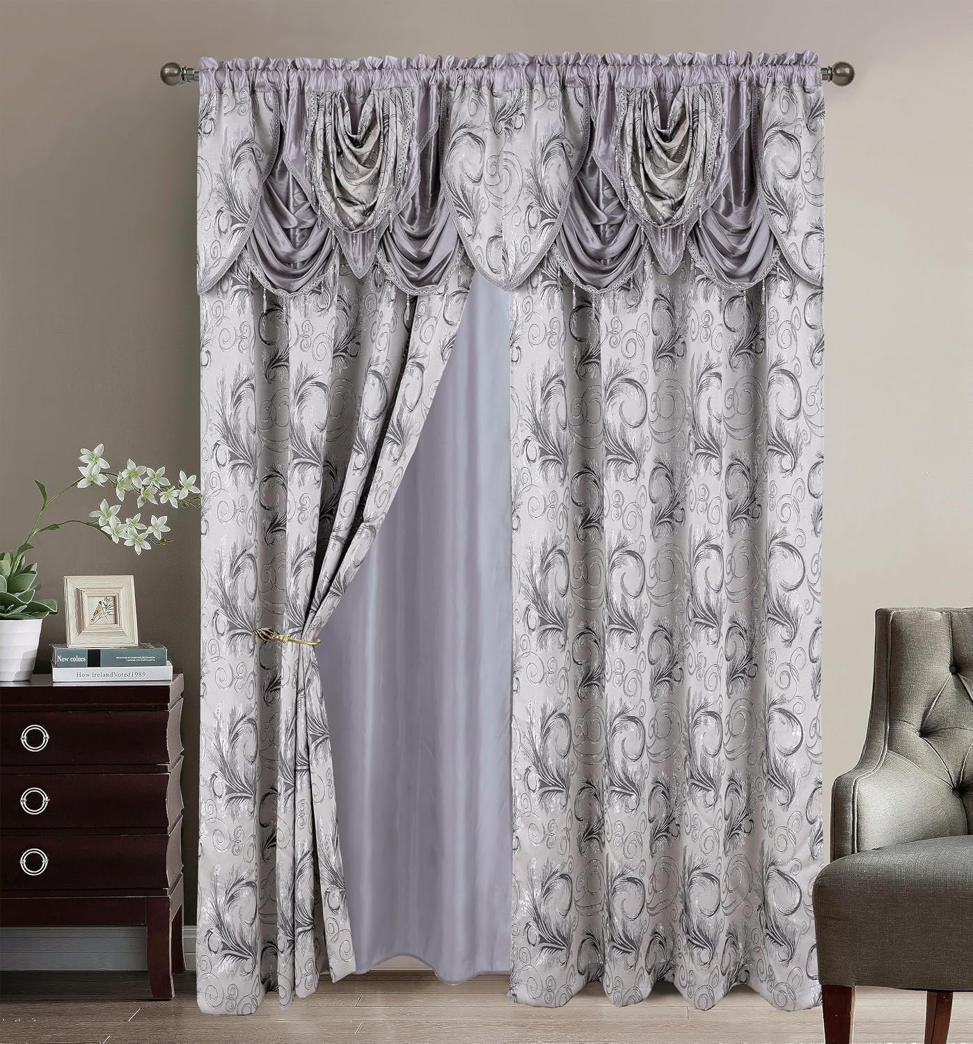GLORY RUGS Jacquard Luxury 2 Curtain Panel Set with Attached Valance and Backing Bedroom Living Room Dining 54X84 inches Silver Gray