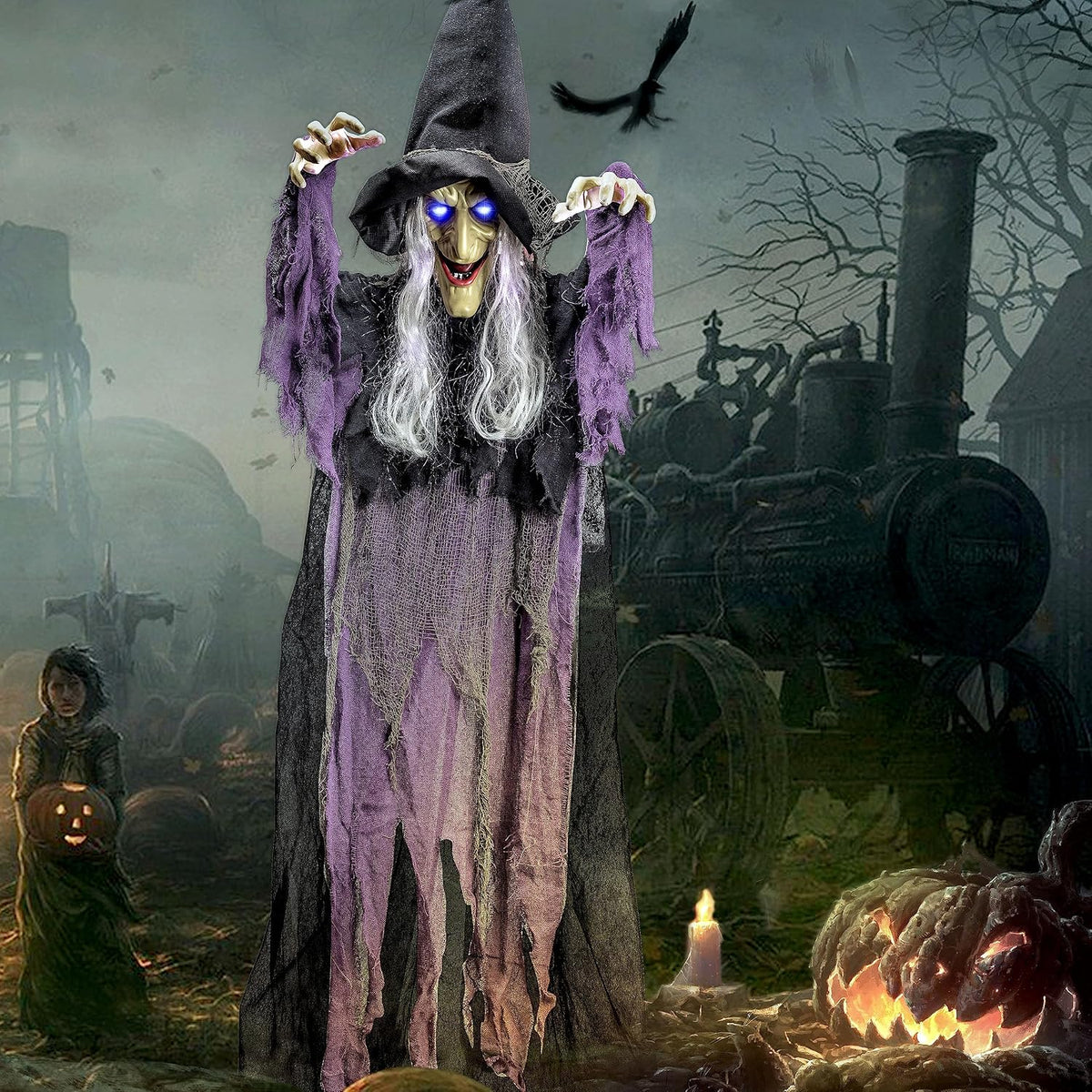 JOYIN 72โ Halloween Hanging Witch Decorations Outdoor, Flying Talking Ghost D...