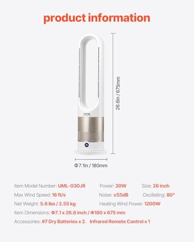 vevor tower fan bladeless, 16 ft/s velocity quiet on a desk or shelf