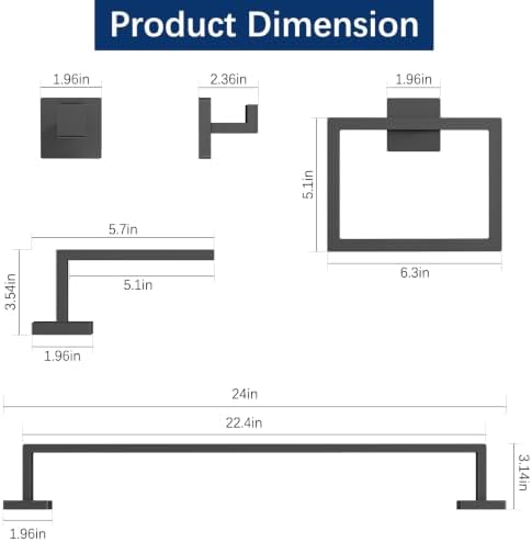 gypie bathroom accessories set wall mounted, 5-piece 24in showing dimensions