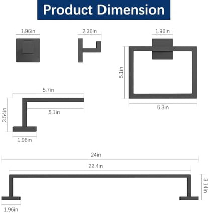 gypie bathroom accessories set wall mounted, 5-piece 24in showing dimensions