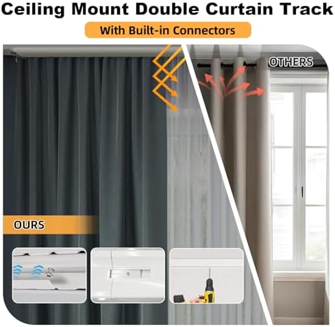 Double Curtain Track Ceiling Mount, Silent Aluminum Track Curtain Rail, Heavy-Duty Double Row Ceiling Curtain Tracks Rod Sliding Rails for Curtains, Room Divider for Living Room Bedroom (10FT)