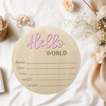 Baby Announcement Sign, 5.9 Inch Wooden Hello World Newborn Signs, Birth Announcement Sign, Baby Shower Hospital Nursery for Newborn Boys and Girls (Light Pink,Pen)