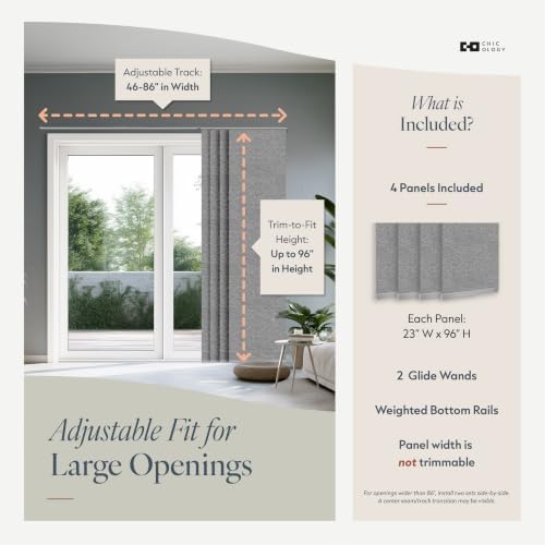 CHICOLOGY Panel Track Blinds, Weave Grey, 86"x96", Cordless, Sliding Door | 4 Fabric Panels, Fits 46–86″ Wide, Wall/Ceiling Mount, Room Divider Ready, Height Trimmable, Child & Pet Safe