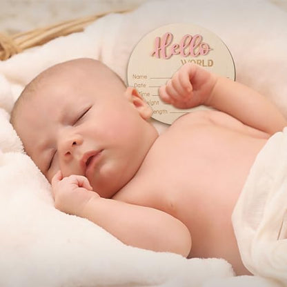 Baby Announcement Sign, Wooden Hello World Newborn Signs Birth Name Sign | 5.9in Welcome Name Plaques for Newborn Boys and Girls Photo Props Baby Shower Hospital Nursery (Light Pink)