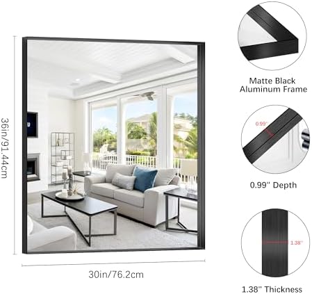 black bathroom mirror, 30x36 inch rectangular framed mirror showing dimensions