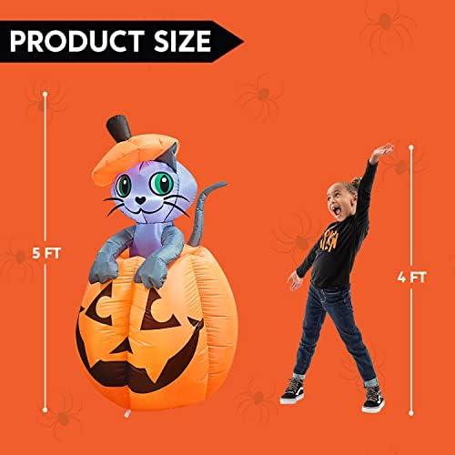 Joiedomi 5 FT Animated Pumpkin Inflatables, Outdoor Blow Up Cat On Pumpkin wi...