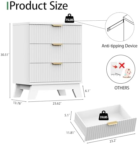 fluted dresser for bedroom with 3 drawers, 24" shown in use
