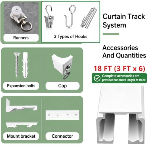 18 Ft Heavy-Duty Aluminium Curtain Track System, Wall and Ceiling Mounted, Rails with Quiet Glide Runners, Hooks, Brackets for Window, Door, Room Divider (White, 0.91m x 6)