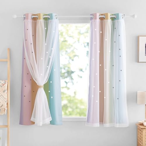 NICETOWN 2 Panels Blackout Curtains for Kids Girls Bedroom Living Room Colorful Double Layer Star Cut Out Stripe Rainbow Window Wall Home Decoration,W34 x L63 Inches, Rainbow
