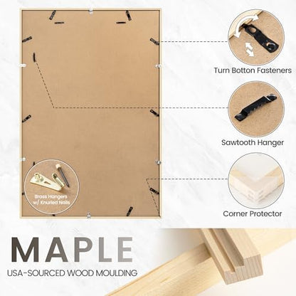 24x36 Poster Frame, USA-Sourced Natural Maple Wood Picture Collage Frame with HD Tempered Glass, Modern Simple 24 x 36 Wooden Photo Frame Matted to 20x30, Vertical & Horizontal Wall Hanging Display