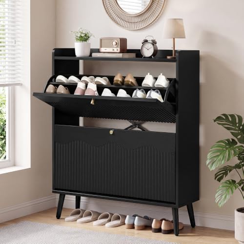 berrymerry 31.5” black fluted shoe cabinet storage with, front angle view