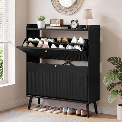 berrymerry 31.5” black fluted shoe cabinet storage with, front angle view