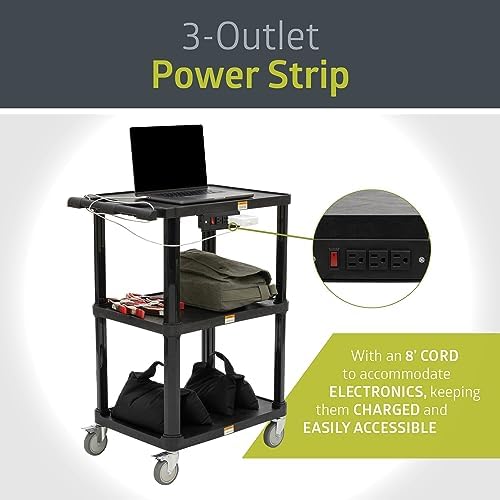 pearington 3-shelf mobile utility cart with 3 outlets, side view
