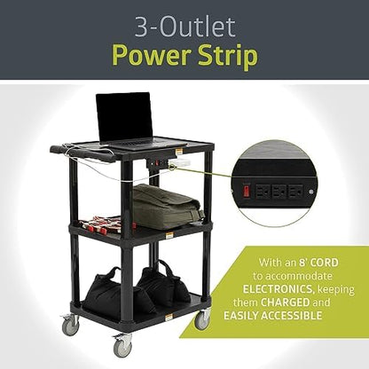 pearington 3-shelf mobile utility cart with 3 outlets, side view