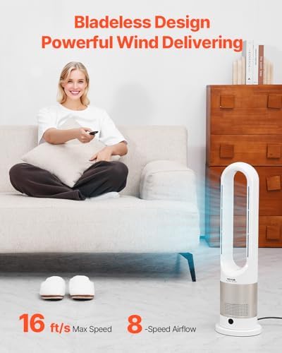 vevor tower fan bladeless, 16 ft/s velocity quiet, close-up detail